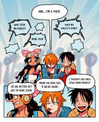  1boy 2girls :p ;p bandana black_hair blue_jacket commentary crowd denim denim_jacket emphasis_lines english_text genderswap genderswap_(ftm) genderswap_(mtf) goggles goggles_on_headwear hat hat_on_back highres holding holding_wallet jacket ki2ri5 long_hair long_nose luffyko monkey_d._luffy multiple_girls nami_(one_piece) one_eye_closed one_piece open_mouth orange_hair people pink_bandana red_shirt scar scar_on_cheek scar_on_face shirt short_hair sleeveless sleeveless_jacket speech_bubble straw_hat sweat theft tongue tongue_out usopp wallet 