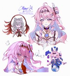  2girls ahoge animal_ears bandage_over_one_eye blue_hair blush breasts bubble cat_ears cat_girl chain closed_mouth colored_inner_hair commentary denia_(breakdown)_(wuthering_waves) denia_(wuthering_waves) finger_to_mouth ggulgul_cm gloves grey_eyes grey_hair hair_intakes hair_ornament highres index_finger_raised kemonomimi_mode long_hair looking_at_viewer medium_breasts multicolored_hair multiple_girls parted_lips phrolova_(wuthering_waves) pink_hair rabbit_ears rabbit_girl red_gloves shushing signature sitting smile violet_eyes wuthering_waves 
