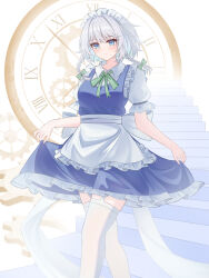  1girl apron back_bow blue_dress blue_eyes bow braid breasts closed_mouth collared_shirt commentary_request dress frilled_dress frills garter_straps gears green_bow grey_hair hair_bow highres holding_own_dress izayoi_sakuya long_hair maid maid_headdress nano. pinafore_dress puffy_short_sleeves puffy_sleeves roman_numeral shirt short_sleeves sleeveless sleeveless_dress small_breasts smile solo stairs thigh-highs touhou twin_braids waist_apron white_apron white_bow white_shirt white_thighhighs 