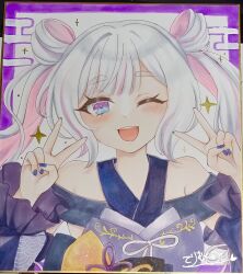  1girl :d ;d absurdres bare_shoulders blue_eyes blue_nails cho_kaguya-hime! commentary_request detached_sleeves double_v egasumi grey_hair hands_up highres long_sleeves multicolored_hair nail_polish one_eye_closed photo_(medium) pink_hair puffy_long_sleeves puffy_sleeves purple_sleeves runami_yachiyo shikishi smile solo streaked_hair terimuku traditional_media twintails two-tone_hair upper_body v 