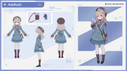  1girl :o adelheid_(chaos_zero_nightmare) bag beret bird bird_on_hand blue_coat blue_eyes boots brown_bag brown_boots brown_hat chaos_zero_nightmare child coat commentary english_commentary grey_hair grey_mittens grey_pantyhose hat highres long_hair mittens official_art open_mouth pantyhose reference_sheet shoulder_bag 