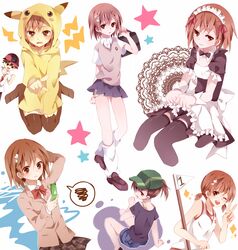  baseball_cap brown_eyes brown_hair cellphone child cosplay costume enmaided gym_uniform hair_ornament hairpin hat highres kamijou_touma kouko maid maid_headdress misaka_mikoto phone pikachu pikachu_(cosplay) pokemon pokemon_(anime) power_connection ryouka_(nm0407) satoshi_(pokemon) satoshi_(pokemon)_(cosplay) school_uniform shorts skirt squiggle thighhighs to_aru_kagaku_no_railgun to_aru_majutsu_no_index uniform 