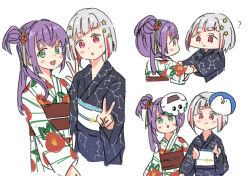  2girls :d ? black_kimono character_mask colored_inner_hair commentary_request constellation_print floral_print floral_print_kimono flower green_eyes hair_bun hair_flower hair_ornament japanese_clothes kimono long_hair love_live! love_live!_hasu_no_sora_jogakuin_school_idol_club mask mask_on_head moso_(expect66) multicolored_hair multiple_girls multiple_views obi obiage obijime open_mouth otomune_kozue print_kimono pui_pui_molcar red_eyes red_flower red_hair red_kimono red_sash red_streaks sash shiromo_(pui_pui_molcar) short_hair side_ponytail single_side_bun smile star_(symbol) star_hair_ornament streaked_hair tassel tassel_hair_ornament white_hair white_sash yugiri_tsuzuri 