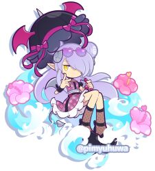  1girl ankle_bow black_bow black_shoes black_umbrella bow closed_mouth commentary_request demon_girl demon_horns demon_tail demon_wings dot_mouth eyewear_on_head flower forward-facing_horns frilled_skirt frills full_body grey_wings hair_bun hair_over_one_eye heart heart-shaped_eyewear hibiscus holding holding_umbrella horns jitome long_hair loreiller_(puyopuyo) midriff official_style one_eye_covered pimyuhuwa pink-framed_eyewear pink_flower pink_shirt pink_skirt pointy_ears purple-tinted_eyewear purple_hair puyopuyo puyopuyo_quest see-through_clothes see-through_socks shirt shoes simple_background single_side_bun skirt socks solo sunglasses tail tinted_eyewear twitter_username umbrella very_long_hair water white_background wings wristband yellow_eyes 