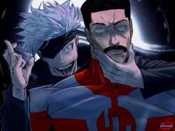  2boys artist_logo artist_name black_hair black_hole black_jacket blindfold_pull blue_eyes bodysuit covered_collarbone crossed_fingers domain_expansion_(jujutsu_kaisen) english_commentary facial_hair gojo_satoru grabbing_another's_chin grabbing_another's_face grabbing_from_behind hand_on_another's_chin head_grab invincible_(series) jacket jujutsu_kaisen kuroxcho logo male_focus mudra multicolored_bodysuit multiple_boys muscular muscular_male mustache narrowed_eyes pale_skin paralysis parted_lips short_hair space teeth thragg_(invincible) tongue tongue_out two-tone_bodysuit very_short_hair viltrumite viltrumite_clothes white_hair 