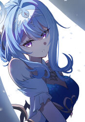  1girl bare_shoulders blue_dress blue_hair commentary dark detached_sleeves dress genshin_impact gloves hair_between_eyes hair_ornament highres looking_at_viewer medium_hair multiple_girls odette_(genshin_impact) simple_background solo spotlight strapless user_krea3575 violet_eyes white_background 