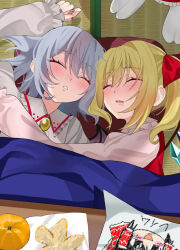  3girls bat_wings blonde_hair blue_hair blush brooch child's_drawing closed_eyes collared_shirt commentary crystal_wings drooling eyelashes fingernails flandre_scarlet food frilled_shirt_collar frilled_sleeves frills fruit hair_between_eyes hair_ribbon hakurei_reimu highres indoors jewelry juliet_sleeves kotatsu long_fingernails long_sleeves lying mandarin_orange medium_hair missing_headwear mouth_drool multiple_girls nail_polish nori_01216 on_back on_side open_mouth orange_peel parted_lips puffy_sleeves red_nails red_ribbon red_vest remilia_scarlet ribbon shirt siblings side_ponytail sisters sleeping tabi table tatami touhou under_covers upper_body vest white_shirt wings 
