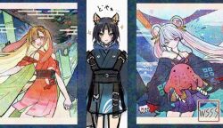  3girls animal_ears black_choker blue_kimono blue_nails cho_kaguya-hime! choker clothing_cutout colored_inner_hair commentary_request egasumi forehead_jewel fox_ears fox_girl hair_ornament hair_rings hair_stick holding_hands interlocked_fingers japanese_clothes kaguya_(cho_kaguya-hime!) kaguya_(tsukuyomi)_(cho_kaguya-hime!) kimono long_hair multicolored_hair multiple_girls nail_polish open_mouth pink_hair rabbit_ears rabbit_girl red_kimono runami_yachiyo runami_yachiyo_(tsukuyomi) sakayori_iroha sakayori_iroha_(tsukuyomi) seigaiha shide shoulder_cutout white_hair wss_(nicoseiga19993411) 