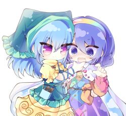  2girls @_@ apron arm_around_another's_waist arm_ribbon bag belt blue_eyes blue_hair blue_ribbon blush brown_bag brown_belt cape chinese_commentary cloud_print commentary_request cowboy_shot deformed dress fang frilled_apron frills green_apron green_headscarf hair_between_eyes hairband hand_up haniyasushin_keiki headscarf highres jewelry ke_lao_pi_pi_si long_hair long_sleeves looking_at_another magatama magatama_necklace medium_hair multicolored_dress multicolored_hairband multiple_girls necklace no_nose no_pupils nose_blush object_in_pocket open_mouth patchwork_clothes pink_eyes pocket puffy_short_sleeves puffy_sleeves purple_hair rainbow_hairband ribbon short_sleeves simple_background skin_fang sky_print smile standing tenkyuu_chimata touhou two-sided_cape two-sided_fabric white_background white_cape yellow_dress yuri 