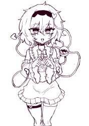  1girl :d absurdres adapted_costume blush bow bowtie buttons collared_shirt detached_sleeves disembodied_linked_eye eyeball four-finger_heart_hands frilled_shirt_collar frilled_skirt frilled_sleeves frills greyscale hair_ornament hairband heart heart_button heart_hair_ornament heart_hands highres komeiji_satori looking_at_viewer monochrome open_mouth rampa93 ribbon-trimmed_collar ribbon_trim shirt skirt smile solo thigh-highs touhou wide_sleeves 