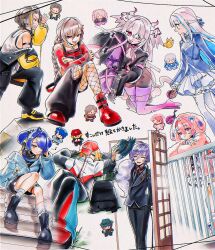  3boys 5girls :d ahoge amamiya_kokoro arm_rest backpack bag bangs_pinned_back bare_shoulders baseball_cap black_bag black_boots black_dress black_jacket black_necktie black_pants black_shoes black_suit blonde_hair blonde_streaks blue_hair blue_hat blue_jacket blue_pants boots braid brown_hair choker closed_eyes closed_mouth collared_shirt commentary crossed_arms door double_bun dress ear_piercing fishnet_pantyhose fishnets fluffy_clothes from_side fur_shawl furen_e_lustario green_eyes hair_bun hair_ornament hair_over_one_eye hair_ribbon half_updo hand_on_headphones hat headphones highres holding holding_unworn_clothes holding_unworn_hat jacket jacket_partially_removed kagami_hayato kneeling leaning_forward lize_helesta long_hair long_sleeves looking_at_viewer lying multicolored_hair multicolored_pants multiple_boys multiple_girls necktie nijisanji no_shoes off-shoulder_shirt off_shoulder official_alternate_costume official_art on_back on_railing one_eye_closed one_eye_covered open_door open_mouth pants pantyhose people_hitobito piercing pink_hair pixel_art purple_hair purple_pantyhose railing red_eyes red_hat red_pants red_shirt red_shoes ribbon sakaki_ness sasaki_saku sebastian_piyodore shawl shiina_yuika shirt shoes short_hair sitting sitting_on_stairs skirt sleeves_past_fingers sleeves_past_wrists smile stairs streaked_hair suit suit_jacket tank_top torn_clothes torn_pants unworn_hat unworn_headwear uzuki_kou virtual_youtuber white_background white_choker white_hair white_pantyhose white_shoes white_skirt white_tank_top x_hair_ornament yellow_jacket yellow_shoes 