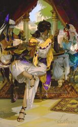  1girl 2boys absurdres agal ancient_egyptian_clothes animal_ears animal_hat arabian_clothes blue_gem carpet chair circlet coffee coffee_mug commentary_request compression_shirt cup cyno_(genshin_impact) dark-skinned_male dark_skin fake_horns fox_boy fox_ears gem genshin_impact gladiator_sandals gold_sandals grey_hair harem_outfit harem_pants hat highres holding holding_teapot horns jackal_ears jewelry keffiyeh laughing lluluchwan long_hair middle_eastern_architecture mug multiple_boys nilou_(genshin_impact) on_chair open_mouth outdoors padisarah_flower pants red_hair round_table rug sandals sethos_(genshin_impact) spill table talking teapot turban usekh_collar veil white_turban white_veil 