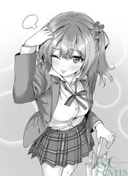  1girl :p ;p blush character_request commentary_request copyright_request greyscale hair_ornament hair_scrunchie hand_up highres holding holding_umbrella jacket lapels looking_at_viewer loose_neck_ribbon medium_hair monochrome neck_ribbon notched_lapels novel_illustration official_art one_eye_closed one_side_up open_clothes open_jacket plaid_clothes plaid_skirt pleated_skirt ribbon scrunchie second-party_source skirt solo standing tongue tongue_out umbrella unasaka_ryou 