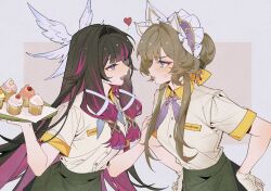  2girls :t alternate_costume apron black_hair black_pants blue_neckerchief bow brown_hair chinese_commentary colored_inner_hair columbina_(genshin_impact) commentary_request contrast_collar cupcake eye_contact feathered_wings food frilled_hairband frills genshin_impact gloves green_apron hair_bow hair_bun hair_intakes hair_ribbon hairband hand_on_another's_arm hands_on_own_hips head_wings heart highres holding holding_tray long_sidelocks looking_at_another low-tied_sidelocks multicolored_hair multiple_girls name_tag neckerchief open_mouth pants pink_hair pink_streaks purple_neckerchief ribbon sandrone_(genshin_impact) shirt shirt_tucked_in short_sleeves sidelocks simple_background streaked_hair t-shirt teeth tray upper_body upper_teeth_only waist_apron white_gloves white_hairband white_ribbon white_shirt white_wings wings wu_bai_(cpsv2355) yellow_bow yuri 
