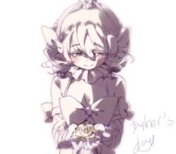  1girl boro_(tn-boro) bow closed_mouth commentary_request english_text flower hair_ornament highres holding holding_flower kurukuru-hime looking_down magical_girl mahou_shoujo_ikusei_keikaku mahou_shoujo_ikusei_keikaku_limited monochrome rose short_hair white_background white_flower white_rose 