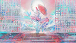  1boy ahoge alternate_hair_length_(longer) barcode barcode_tattoo bird bug butterfly candle cheek_tattoo clouds commentary_request dove egasumi floral_print floral_print_kimono flower gate gloves gomas heel_up highres holding holding_umbrella indie_utaite japanese_clothes kimono long_hair looking_at_animal mafumafu male_focus mask mask_on_head moon official_art oil-paper_umbrella outdoors pants petals pink_sky print_kimono purple_butterfly rabbit_mask red_eyes red_flower red_petals red_rose rose sample_watermark sky solo stairs tattoo umbrella utaite very_long_hair watermark white_gloves white_hair white_kimono white_pants wide_shot 