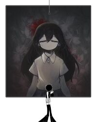  1boy 1girl antenna_hair bad_id bad_twitter_id black_hair black_skirt black_tank_top black_thighhighs closed_eyes closed_mouth collared_shirt colored_skin commentary egret_orchid highres invisible_floor light_bulb lying mari_(faraway)_(omori) mari_(omori) morivivi3 omori omori_(omori) on_back pleated_skirt shirt short_sleeves shorts skirt standing striped_clothes striped_shorts tank_top thigh-highs untranslatable_commentary vertical-striped_clothes vertical-striped_shorts white_shorts white_skin white_skirt 