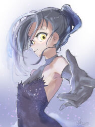  1girl artist_name backless_dress backless_outfit bare_shoulders commentary_request dress elbow_gloves fanbox_username from_side gloves grey_gloves grey_hair halter_dress halterneck highres ice_skating kamisaki_hikaru kaura_ss long_hair looking_at_viewer medalist_(manga) parted_lips reaching reaching_towards_viewer sideways_glance skating smile solo upper_body yellow_eyes 