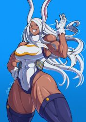  1girl abs animal_ears blue_background boku_no_hero_academia breasts butterjar commentary curvy fur_trim gloves hand_on_own_hip highres large_breasts leotard looking_at_viewer mirko muscular muscular_female muscular_legs rabbit_ears rabbit_girl signature solo tagme thick_thighs thighs wind 