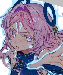  1girl 2kusakue2 armlet art_program_in_frame bare_shoulders blue_eyes blue_sweater braid breasts citlali_(genshin_impact) commentary_request eyelashes facial_mark feather_hair_ornament feathers floating_hair forehead_mark genshin_impact gold_armlet hair_between_eyes hair_ornament hand_up highres jewelry large_breasts leotard long_hair looking_at_viewer low-braided_long_hair low-tied_long_hair nightsoul_blessing_state open_mouth pink_hair shadow simple_background solo sparkling_eyes sweater triangle triangle_facial_mark turtleneck turtleneck_leotard twin_braids unfinished white_background 