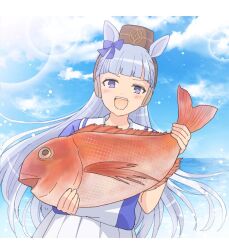  1girl animal animal_ears blue_sky blunt_bangs blush bow brown_hat clouds ear_bow fish gold_ship_(umamusume) grey_hair hat holding holding_animal holding_fish horse_ears horse_girl long_hair looking_at_viewer mini_usa77 ocean open_mouth pillbox_hat pleated_skirt purple_shirt sailor_collar sailor_shirt school_uniform shirt skirt sky smile solo teeth tracen_school_uniform umamusume upper_teeth_only violet_eyes water white_sailor_collar white_skirt 