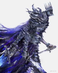  1boy armor cape commentary_request cowboy_shot elden_ring elden_ring_nightreign extra_arms faceless faceless_male floating_cape from_side full_armor grey_background helmet heolstor_the_nightlord highres holding holding_knife holding_sword holding_weapon knife male_focus pii0iip profile reverse_grip simple_background solo sword walking weapon 