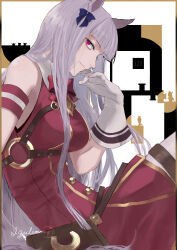 1girl absurdres animal_ears armband artist_name bare_shoulders belt belt_pouch blunt_bangs bow bowtie commentary_request dress ear_bow ear_ribbon film_grain from_side gloves gold_ship_(red_strife)_(umamusume) gold_ship_(umamusume) hand_on_own_face highres horse_ears horse_girl horse_tail horseshoe_ornament izu_lemon knee_up long_hair looking_at_viewer missing_headwear o-ring pink_eyes pouch purple_bow red_bow red_bowtie red_dress sidelocks signature solo tail twitter_username umamusume upper_body white_background white_gloves white_hair 
