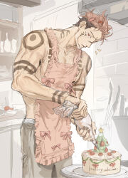  1boy absurdres adam's_apple apron arm_tattoo cake extra_eyes facial_tattoo food frilled_apron frills grey_pants hair_ornament hairclip highres holding holding_pastry_bag indoors jujutsu_kaisen kitchen male_focus merry_christmas mini_christmas_tree pants pastry_bag pink_apron pink_hair red_eyes ryoumen_sukuna_(jujutsu_kaisen) shirt solo standing t-shirt tattoo topless_male white_shirt woshihedawei 