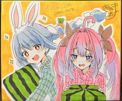  2girls :d absurdres ahoge animal_ear_fluff animal_ears blue_hair blue_shirt blush_stickers bow braid brown_ribbon carrot_hair_ornament collared_shirt dated dollar_sign dress_shirt floating_hair food food-themed_hair_ornament fruit hair_between_eyes hair_bow hair_intakes hair_ornament hair_ribbon highres hololive hololive_dev_is kikirara_vivi kiritoma long_hair minecraft money-shaped_pupils multicolored_hair multiple_girls outline photo_(medium) pink_hair pink_shirt plaid_clothes plaid_shirt purple_hair rabbit_ears ribbon shikishi shirt short_eyebrows signature smile sparkle symbol-shaped_pupils thick_eyebrows traditional_media twin_braids twintails two-tone_hair usada_pekora very_long_hair virtual_youtuber watermelon wavy_mouth white_bow white_outline 