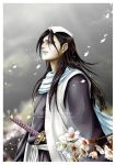  black_hair bleach japanese_clothes katana kuchiki_byakuya long_hair male petals scarf solo sword washu_m weapon 