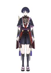  1boy armor arms_at_sides black_bodysuit black_hair black_kimono black_sandals black_shorts black_sleeves blunt_ends bodysuit bright_pupils choppy_bangs closed_mouth covered_collarbone eyeliner frilled_sleeves frills full_body furisode genshin_impact gold grey_shorts highres japanese_armor japanese_clothes juban kimono kote kurokote kusazuri layered_shorts layered_sleeves looking_at_viewer makeup male_focus mandarin_collar mitsudomoe_(shape) o-ring purple_rope purple_sash purple_sleeves red_eyeliner red_kimono red_sash retujyo4go rope sandals sash scaramouche_(genshin_impact) scaramouche_(harbinger)_(genshin_impact) shimenawa short_sleeves shorts single_sode smile solo standing straight-on tassel toeless_legwear toes tomoe_(symbol) tsurime variant_set violet_eyes white_background white_kimono white_pupils white_rope wolf_cut zouri 