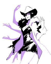  1girl blunt_bangs closed_mouth coat commentary cowboy_hat cowboy_shot devil_fruit_power extra_arms fur-trimmed_coat fur_trim guaguapiu hat highres looking_at_viewer nico_robin one_piece simple_background skirt solo untranslatable_commentary 