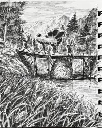  4girls absurdres backpack bag bone boots bridge character_request dinosaur_skeleton dinosaur_skull fossil grass hat highres mountain multiple_girls outdoors river shirt skirt skull suteruko touhou traditional_media tree walking 