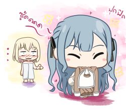  2girls absurdres bang_dream! bang_dream!_it's_mygo!!!!! blonde_hair blue_hair chibi closed_eyes commentary constricted_pupils hanasakigawa_school_uniform highres holding holding_unworn_clothes long_hair looking_at_another medium_hair misumi_uika multiple_girls naked_towel open_mouth school_uniform smelling smelling_clothes sweat thai_text thunder_line togawa_sakiko towel translation_request yuri 