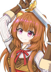  1girl absurdres alternate_breast_size_(smaller) animal_ear_fluff animal_ears armor arms_up artist_name black_dress blunt_bangs breastplate breasts brown_armor clip_studio_paint_(medium) closed_mouth commentary_request dress gauntlets highres layered_dress leather_armor long_hair looking_at_viewer metal_arm_cuffs metal_wrist_cuffs neck_ribbon pauldrons pinstripe_dress pinstripe_pattern raccoon_ears raccoon_girl raphtalia red_dress red_ribbon ribbon shoulder_armor signature simple_background single_pauldron small_breasts smile solo split_mouth straight_hair tanuki tate_no_yuusha_no_nariagari two-tone_dress upper_body user_cdgc5244 violet_eyes watermark white_background white_dress yellow_trim 