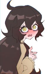  1girl @_@ absurdres ahoge black_hair blush brown_shirt commentary flustered grimmi_(vtuber) highres indie_virtual_youtuber long_hair long_sleeves looking_at_viewer nervous_sweating open_mouth pale_skin shirt sioell solo sweat virtual_youtuber white_background yellow_eyes 
