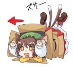  amazon amazon_(company) animal_ears box brown_eyes brown_hair cardboard_box cat_ears cat_tail chen directional_arrow girl_in_a_box in_box in_container lowres solo stuck tail touhou 