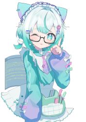  :p ;p animal_bag animal_ears apron aqua_eyes aqua_hair aqua_jacket belt_pouch bib_collar blush cat_bag cat_hair_ornament commentary cropped_torso cross-shaped_pupils fake_animal_ears flat_chest glasses gradient_hair gradient_sleeves hair_ornament high-ended_braid highres holographic_ears interlocked_fingers jacket jersey_maid ln_help.exe low_twintails maid maid_headdress multicolored_hair necktie one_eye_closed pouch purple_necktie semi-rimless_eyewear short_necktie short_twintails simple_background sleeve_bow sleeves_past_wrists symbol-shaped_pupils taachika tongue tongue_out twintails unconventional_maid virtual_youtuber waist_apron white_apron white_background white_hair yugiri_high_school 