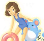  1girl animal artist_request blush brown_hair creatures_(company) game_freak gen_2_pokemon girl human innertube kinuko_(fever_chill) marill mouse nintendo npc npc_trainer pokemon school_swimsuit short_hair solo swimsuit trainer trainer_class tube tuber_(pokemon) tuber_(pokemon)_(female) 