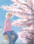  blue_eyes cherry_blossoms female jeans lowres motor_vehicle original scooter solo sweater tree vehicle weno weno's_blonde_original_character 