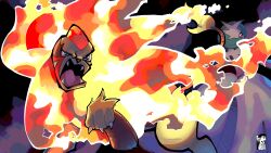  claws commentary english_commentary fangs fire gardevoir green_eyes highres mega_gardevoir mega_pokemon mega_pyroar open_mouth pokemon pokemon_(creature) pokemon_focus pyroar video_thumbnail viralzone13 youtube_video_thumbnail 