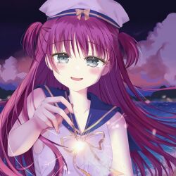  1girl :d absurdres bare_shoulders blue_sailor_collar blush clouds commentary_request crying crying_with_eyes_open dress dress_ribbon fireworks floating_hair grey_eyes hair_between_eyes hand_up hat highres holding holding_fireworks katou_umi linnaiaaa long_hair looking_at_viewer mixed_signals night ocean open_mouth outdoors pink_hair ribbon sad sailor_collar sailor_dress sailor_hat senkou_hanabi sky sleeveless sleeveless_dress smile solo sparkler sparks streaming_tears summer_pockets tears two_side_up underlighting upper_body very_long_hair white_dress white_hat yellow_ribbon 