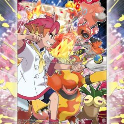  1boy absurdres aqua_eyes artist_name blaziken blonde_hair camerupt clenched_hand closed_mouth colored_sclera commentary company_name copyright_notice crispin_(pokemon) english_commentary exeggutor fangs fingernails from_side frying_pan grin highres holding holding_frying_pan lips magmortar male_focus merchandise_available multicolored_hair multiple_heads neckerchief nostrils official_style open_mouth orange_hair outline outstretched_arm poke_ball pokemon pokemon_(creature) pokemon_scarlet_and_violet pokemon_team quick_ball red_eyes red_hair rotom rotom_(heat) shirt short_hair short_sleeves shorts smile talonflame teeth terastallization tom_higgins watermark white_outline white_shirt yellow_neckerchief yellow_sclera 