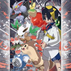  1boy :3 absurdres artist_name bag black_hair clenched_teeth closed_mouth colored_sclera commentary company_name copyright_notice dipplin english_commentary from_side furret gliscor gloves hairband highres holding holding_poke_ball jacket kieran_(pokemon) long_nose long_sleeves male_focus merchandise_available mole mole_on_neck multicolored_hair nostrils official_style open_mouth outline partially_fingerless_gloves pointy_nose poke_ball poke_ball_(basic) pokemon pokemon_(creature) pokemon_scarlet_and_violet pokemon_team poliwrath purple_hair red_gloves sharp_teeth shiftry short_hair shorts single_glove smile standing teeth tom_higgins two-tone_hair v-shaped_eyes watermark white_jacket white_outline white_shorts yanmega yellow_bag yellow_eyes yellow_hairband yellow_sclera 