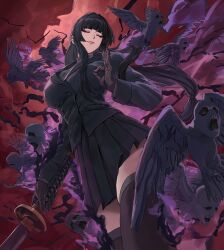  1girl bird black_hair black_jacket black_skirt blazer closed_eyes closed_mouth commentary crow darao_(daradara_suyaaa) from_below highres hime_cut holding holding_sword holding_weapon jacket katana long_hair long_sleeves makeup monster mudra original outdoors pleated_skirt red_sky serious skirt sky solo standing sword very_long_hair weapon 