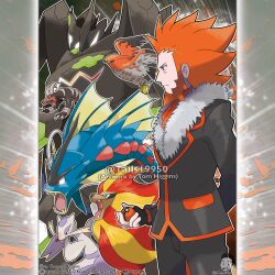  1boy absurdres arm_behind_back artist_name beard big_hair bird black_gloves black_jacket blue_eyes claws closed_mouth commentary company_name copyright_notice english_commentary facial_hair fangs fingerless_gloves from_side fur-trimmed_jacket fur_trim gloves gyarados highres holding holding_poke_ball horns houndoom jacket jewelry long_sleeves lysandre_(pokemon) male_focus mega_gyarados mega_pokemon mega_ring mega_stone merchandise_available mienshao nontraditional_poke_ball nostrils official_style open_mouth orange_hair outline poke_ball pokemon pokemon_(creature) pokemon_team pokemon_x_and_y pyroar pyroar_(male) red_eyes ring talonflame team_flare tom_higgins variant_set watermark white_outline zygarde zygarde_(complete) 