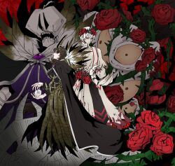  1boy 1girl apple black_cape brooch cape capelet coat commentary_request e.g.o_(project_moon) ebony_queen's_apple ebony_stem_(e.g.o) elena_(project_moon) flower food force_(4sk_force) fruit full_body head_wreath highres horns jae-heon jewelry korean_commentary library_of_ruina limbus_company looking_at_viewer plant project_moon red_flower red_rose rose sign_of_roses thorns vines white_capelet white_coat white_hair yellow_eyes 