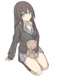  1girl blush highres long_hair looking_at_viewer seiza shuuichi simple_background sitting sketch skirt solo stuffed_animal stuffed_toy teddy_bear white_background 