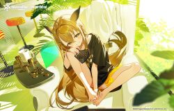  1girl animal_ears armchair bare_legs barefoot between_toes black_shirt blonde_hair brown_eyes brown_hair card chair commentary_request company_name copyright_name copyright_notice couch cup feet feet_on_chair fox_ears fox_girl fox_tail genderswap genderswap_(mtf) grin hair_between_eyes hair_ornament hairclip hands_on_feet highres holding holding_card indoors knee_up knees_apart_feet_together long_hair looking_at_viewer mk_(masatusaboten) mug official_art on_chair plant playing_card poker_chip realisath_(female)_(reverseblue) realisath_(reverseblue) reverseblue_x_re-birthend shirt short_sleeves shorts sitting smile solo t-shirt table tail toenails toes very_long_hair yellow_eyes yellow_shorts 