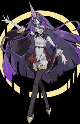  1girl arm_up bare_shoulders big_hair black_background black_thighhighs blazblue blazblue:_central_fiction blunt_ends closed_eyes crossed_legs detached_sleeves double-parted_bangs dress flat_chest floating_hair full_body hades_izanami hair_between_eyes headpiece highres horns itukanokage long_hair long_sidelocks metal_shoes metal_trim miniskirt open_hands outstretched_arms pleated_skirt purple_hair red_skirt short_dress short_sleeves sidelocks simple_background single_horn skirt smile solo standing thigh-highs very_long_hair very_long_sidelocks white_dress 